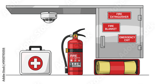 Various fire safety equipment items, including an extinguisher and first aid kit, are displayed on a white surface under a grey shelf.