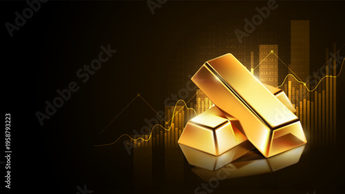 Gold bars with financial upward graph background and copy space. Global wealth, investment growth, and rising gold market price concept, vector illustration	