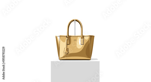 A light beige glossy handbag with two handles stands on a white pedestal against a white background.