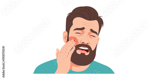 A cartoon illustration shows a bearded man with closed eyes clutching his cheek due to a toothache, highlighted by a red circle on a white background.