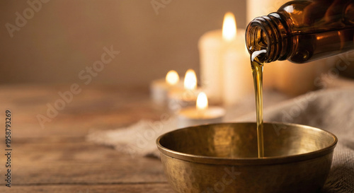 Golden anointing holy oil pouring from an amber glass bottle into a brass bowl with lit candles on a rustic wooden table