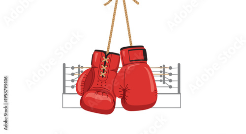 A pair of red boxing gloves hangs from ropes in front of an outlined boxing ring on a white background.