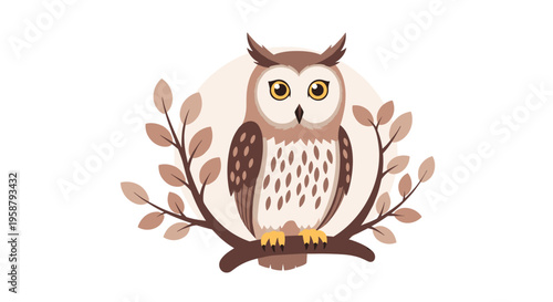 A brown owl with yellow eyes perches on a dark branch with light leaves, framed by a beige circle on a white background.