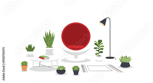 A red ball chair is surrounded by potted plants, a floor lamp, and a coffee table with books on a white background.