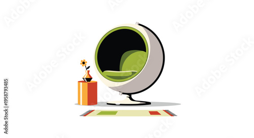 A retro white and green ball chair sits beside an orange side table with a flower, on a striped rug against a white background.