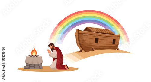 A robed man kneels in prayer before a burning altar, with Noah's Ark and a rainbow in the sandy background.