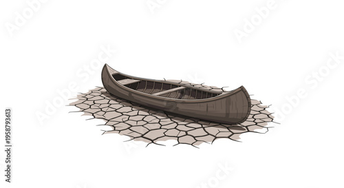 A single brown wooden canoe is positioned on a dry, cracked ground surface against a clean white background.