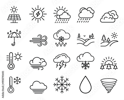 Weather and climate outline icon set featuring solar panel, sun energy, rainy cloud, nature landscape, umbrella rain, wind breeze, snowflake, thermometer, lightning storm, tornado, and more vector 