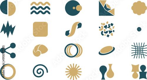 A comprehensive collection of diverse abstract minimalist geometric shapes and icons, rendered in modern teal and gold.