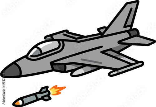 Cartoon Fighter Jet Launching Missile, Doodle Military Aircraft Firing Weapon Illustration