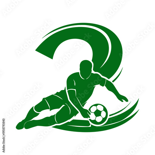 Success and Growth Concept with Soccer Number 2 Player Design. Football number illustration for sports branding and educational use. Dynamic number 2 with soccer player silhouette symbolizing progress