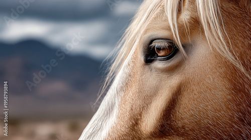 Close up horse face with detailed eye and natural light