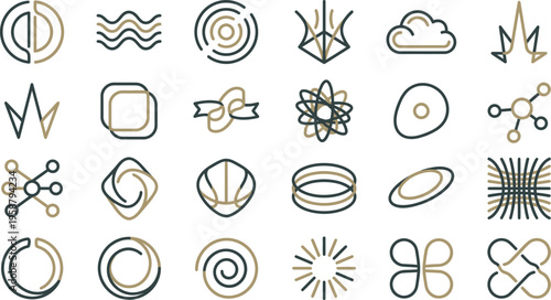 Modern set of abstract, geometric, two-tone line art icons, ideal for web design, branding, and user interface elements.
