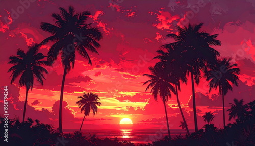 Beautiful Vibrant Red Sunset with Palm Tree Silhouettes