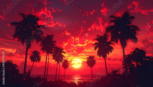 Beautiful Vibrant Red Sunset with Palm Tree Silhouettes