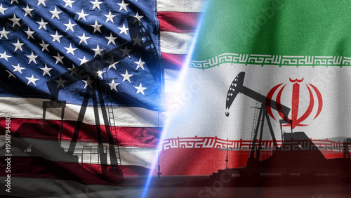 Foto Oil Pump Jacks Overlaid with United States and Iran Flags Symbolizing Energy Ten