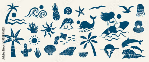 Hand drawn doodle beach and surf vector illustration set. Summer tropical naive coastal elements