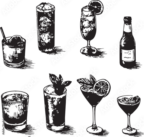 Cocktail sketch set, hand drawn drink illustrations, vintage 