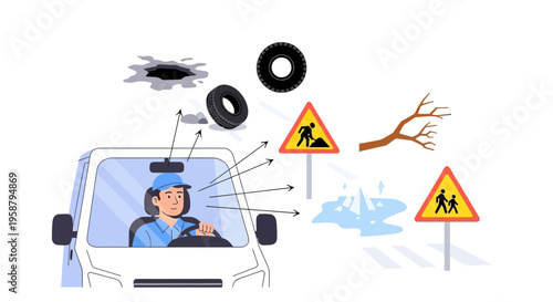 A delivery driver navigates through a rainy road with safety concerns.