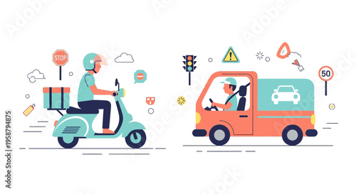 A delivery driver ensures safety while riding a scooter alongside a truck on the road.