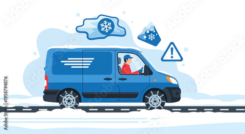 A delivery driver navigates a van through snowy road conditions with caution for safety.