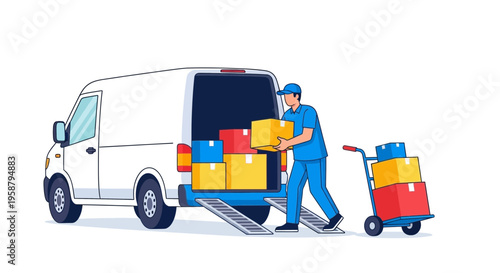 A delivery driver ensures safety while unloading packages from a van.