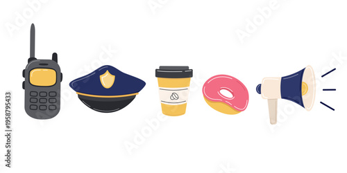 Police officer work attributes. Inventory, dress cap, snack. Flat Vector illustration with good humor.