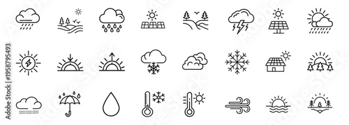 Weather forecast outline icon set featuring sun nature, cloud rain, solar panel, wind breeze, thermometer, lightning storm, winter snowflake, and more vector illustration 