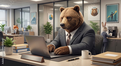 Surreal Concept of a Large Grizzly Bear in a Business Suit Working on a Laptop in a Corporate Office