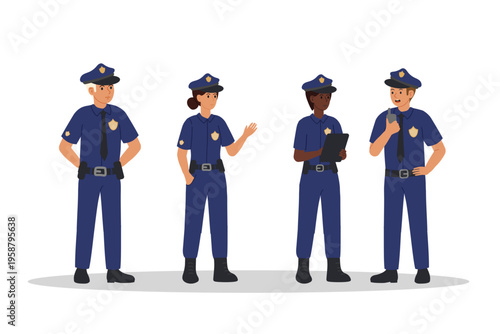 Police team. Men, women in blue police uniform standing full height and ready for action. Unity, professional solidarity. Vector.