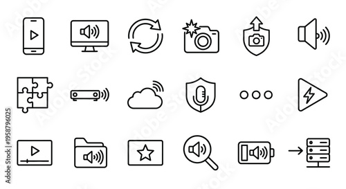 Audio and Video web icons in line style. Devices, online streaming, media collection, and flow symbols. Vector illustration in clean line art. Modern black and white media icons.