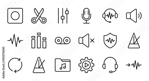 Audio and Video web icons in line style. Recording, studio editing, and sound production collection. Ultra-minimalist symbols for audio engineers, podcasters, and music editors. Clean black and white 