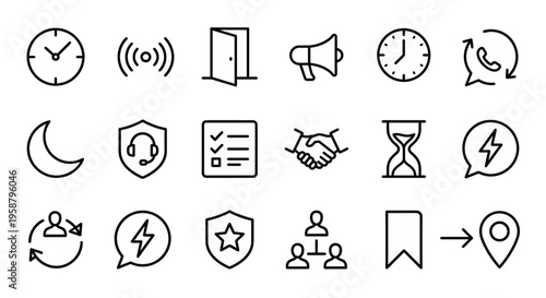 Contact Us web icons in line style. Working hours, response time, support flow, and outreach collection. Ultra-minimalist symbols for helpdesks, communication management, and client interaction. Clean