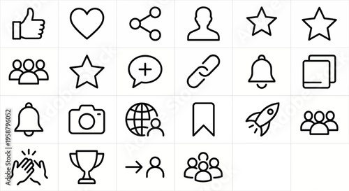 Contact Us web icons in line style. Social media, community, and networking collection. Ultra-minimalist symbols for engagement, sharing, and profile management. Clean black and white vector line art.