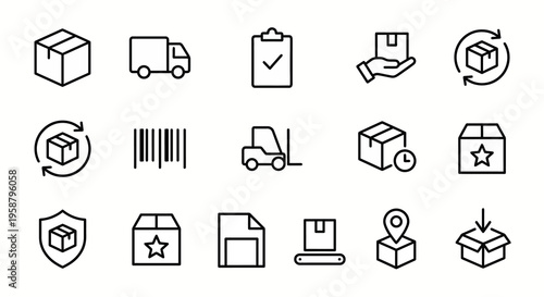 Route web icons in line style. Logistics, package delivery, and supply chain collection. Ultra-minimalist symbols for shipping apps, tracking dashboards, and delivery services. Clean black and white v