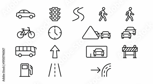 Route web icons in line style. Traffic, movement, road navigation, and vehicle collection. Ultra-minimalist symbols for traffic monitoring, commute apps, and logistics. Clean black and white vector li