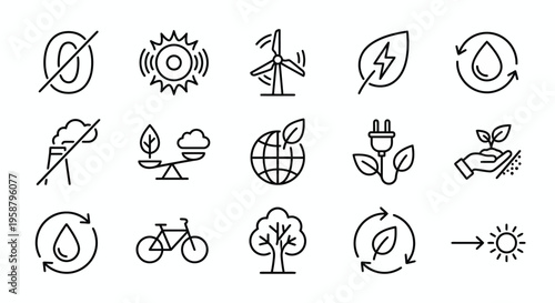 Net Zero web icons in line style. Green energy, CO2 neutral, gas emissions, climate, ecology collection. Ultra-minimalist symbols for sustainability reports, clean energy dashboards, and eco-branding.