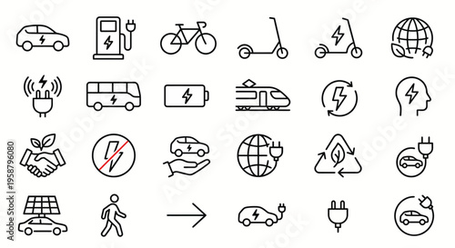 Net Zero web icons in line style. Clean transportation, Electric Vehicles (EV), charging stations, and e-mobility collection. Ultra-minimalist symbols for smart city planning, green transport apps, an