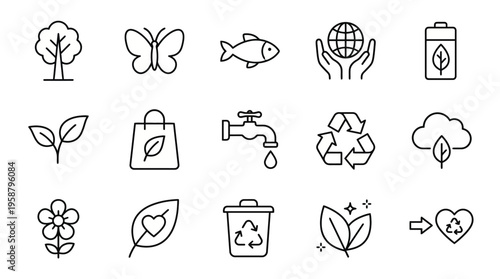 Ecology and sustainable living web icons in line style. Biodiversity, eco-friendly products, water saving, and green technology collection. Ultra-minimalist symbols for conservation apps, green lifest