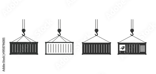 Set of Sea Container Vector Icons Shipping Container Export Import Cargo Logistics Transport Industry Warehouse Port Symbols Vector Illustration Design Concept Collection