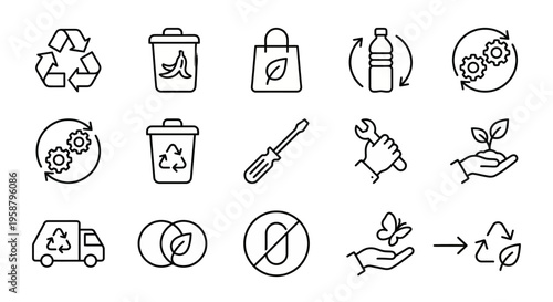 Net Zero web icons in line style. Circular Economy, waste reduction, recycling, composting, and repair collection. Ultra-minimalist symbols for sustainability apps, waste management dashboards, and ec