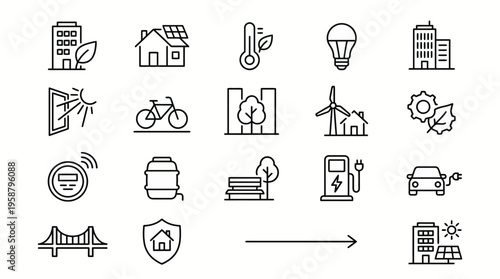 Net Zero web icons in line style. Green building, smart cities, and sustainable architecture collection. Ultra-minimalist symbols for urban planning, eco-construction, and smart home dashboards. Clean