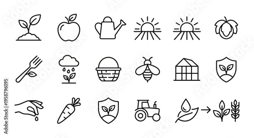 Net Zero web icons in line style. Sustainable agriculture, organic farming, and food security collection. Ultra-minimalist symbols for agritech apps, organic markets, and ecological farming dashboards