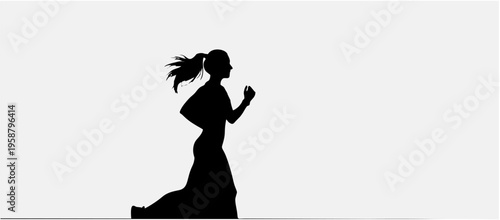 Silhouette of a woman running in a dynamic pose with ponytail flowing black figure on white background