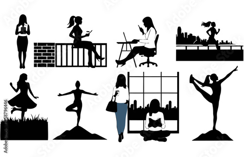 Silhouettes of people in various yoga poses and everyday activities in urban settings with city skylines and natural environments