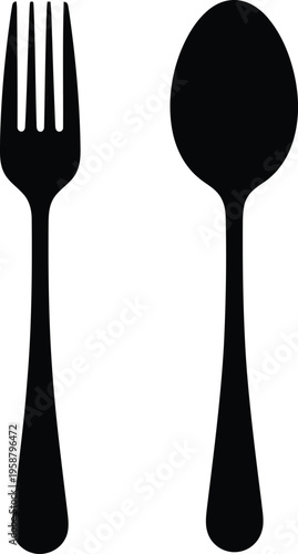 A minimalist black silhouette icon featuring a standard dinner fork and a spoon for dining usage Vector