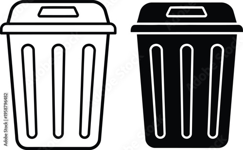 Two icons of trash cans showing both a linear outline design and a solid black filled silhouette Vector
