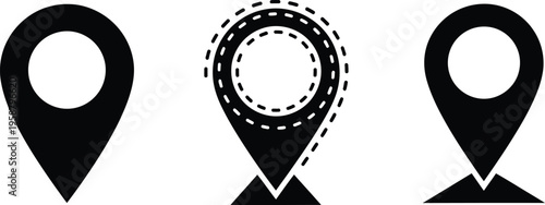 Three black map marker icons with different styles displayed on a clean white studio background Vector