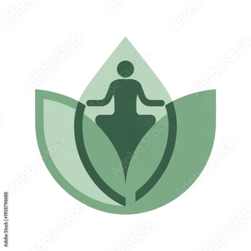Green lotus leaf logo design featuring a silhouette of a person practicing yoga for health and wellness