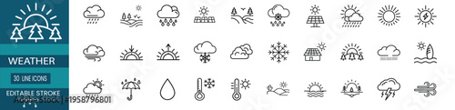 Weather forecast and nature outline icon set featuring sun rays, cloud rain, nature landscape, solar energy, wind breeze, thermometer, lightning storm, winter snowflake and more vector illustration